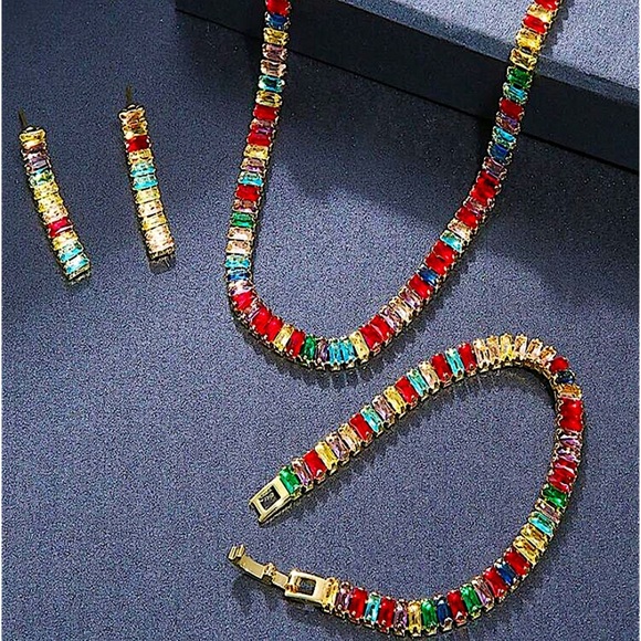 Gold Baguette Multicolor Rhinestone Choker Earrings Bracelet Matching Set 18k - Picture 4 of 13